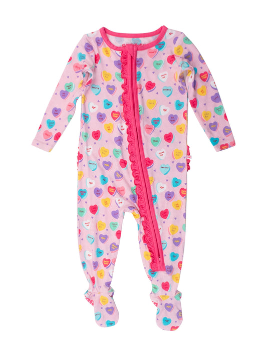 Rufflebutts + Ruggedbutts Baby Girls Be My Valentine Bamboo Viscose Footed Ruffle One Piece Pajama Front 