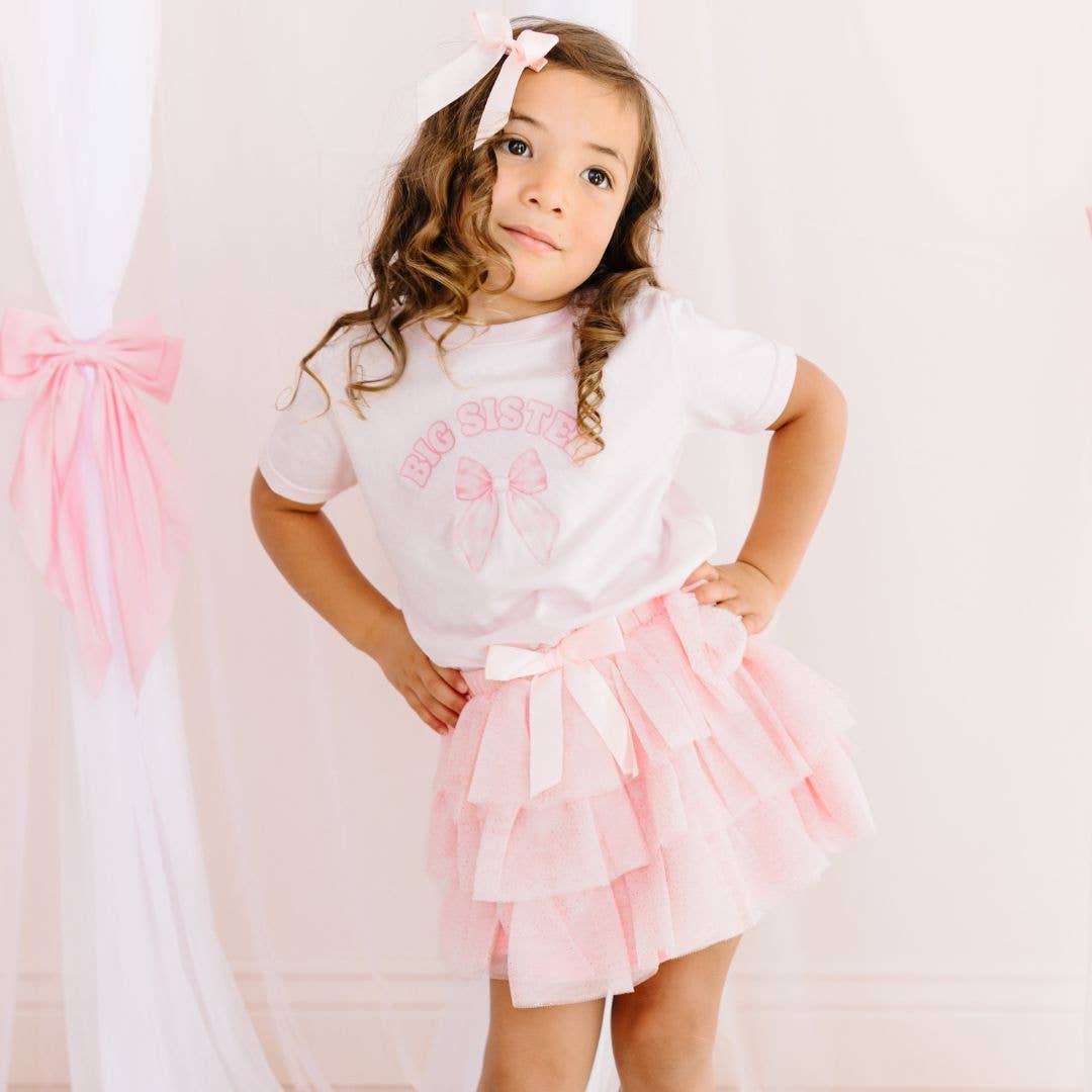 Model Wearing Sweet Wink Big Sister Bow Short Sleeve T-Shirt - Kids Clothing - Family