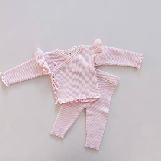 Petite + Co. Ribbed Ruffle Kimono Set | Pink