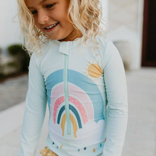 Model Wearing Oopsie Daisy Kids Mint Rainbow Zip Rash Guard One Piece Swimsuit