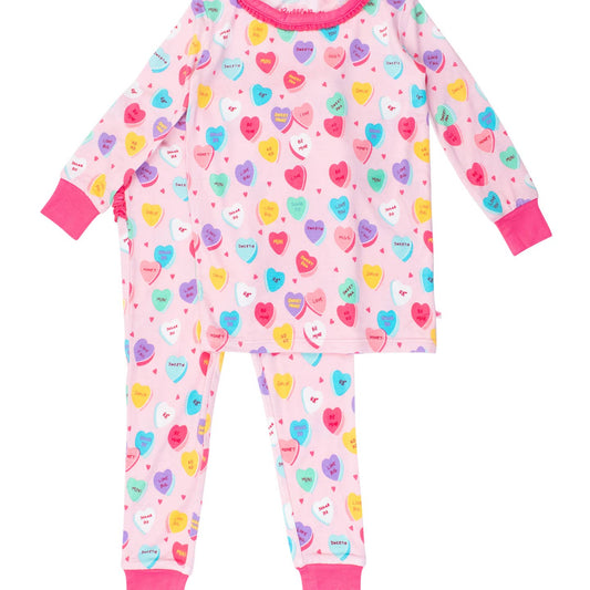 Rufflebutts + Ruggedbutts Toddler Girls Be My Valentine Bamboo Viscose Ruffle Long Sleeve Pajama Set Front 