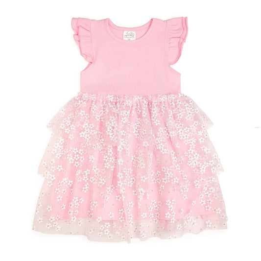 Sweet Wink Pink Ditsy Daisy Easter Tiered Short Sleeve Tutu Dress -Kids