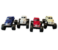 Load image into Gallery viewer, Four Chevy pick up monster truck toys in the colors blue, white, red and beige. 
