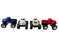 Load image into Gallery viewer, Four Chevy pickup monster truck toys in the colors blue, white, beige and red. The blue, beige and red trucks are positioned to show the truck bed. 
