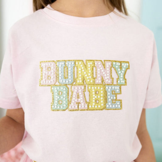 Model Wearing Sweet Wink Bunny Babe Patch Easter Short Sleeve T-Shirt - Ballet - Kids