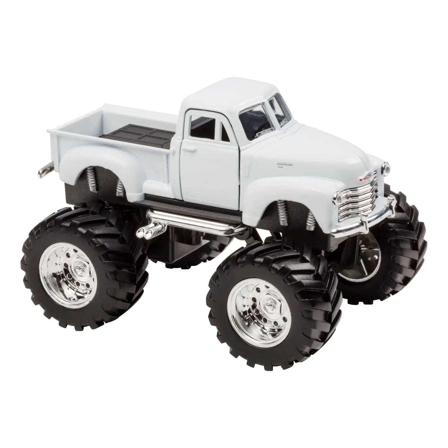 A side view of a white Chevy pickup monster truck toy.