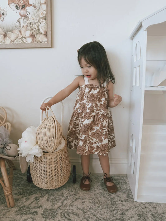 Tan Floral Linen Dress