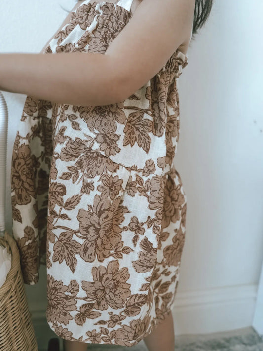 Tan Floral Linen Dress