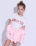 Load image into Gallery viewer, Girl wearing Lola and the Boys Pink Crystal Swiftie T-shirt
