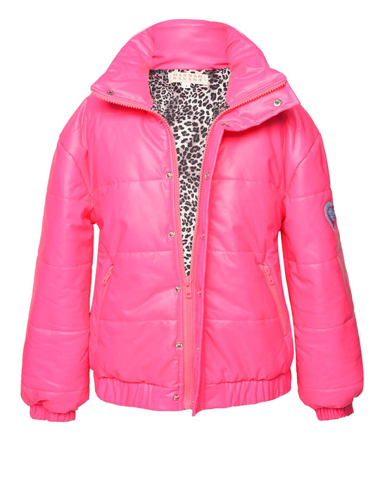 Neon Pink Faux Leather Puffy Jacket