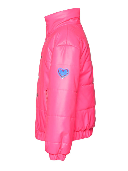 Neon Pink Faux Leather Puffy Jacket