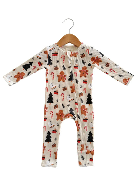 SpearmintLOVE Organic Waffle Basic Zip Romper, Gingerbread Wonderland Snow