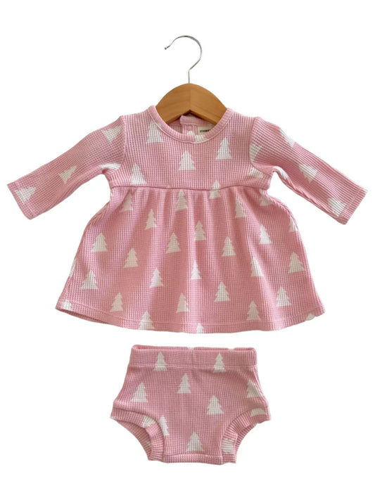 SpearmintLOVE Organic Waffle Simple Dress & Bloomer, Pink Christmas Trees