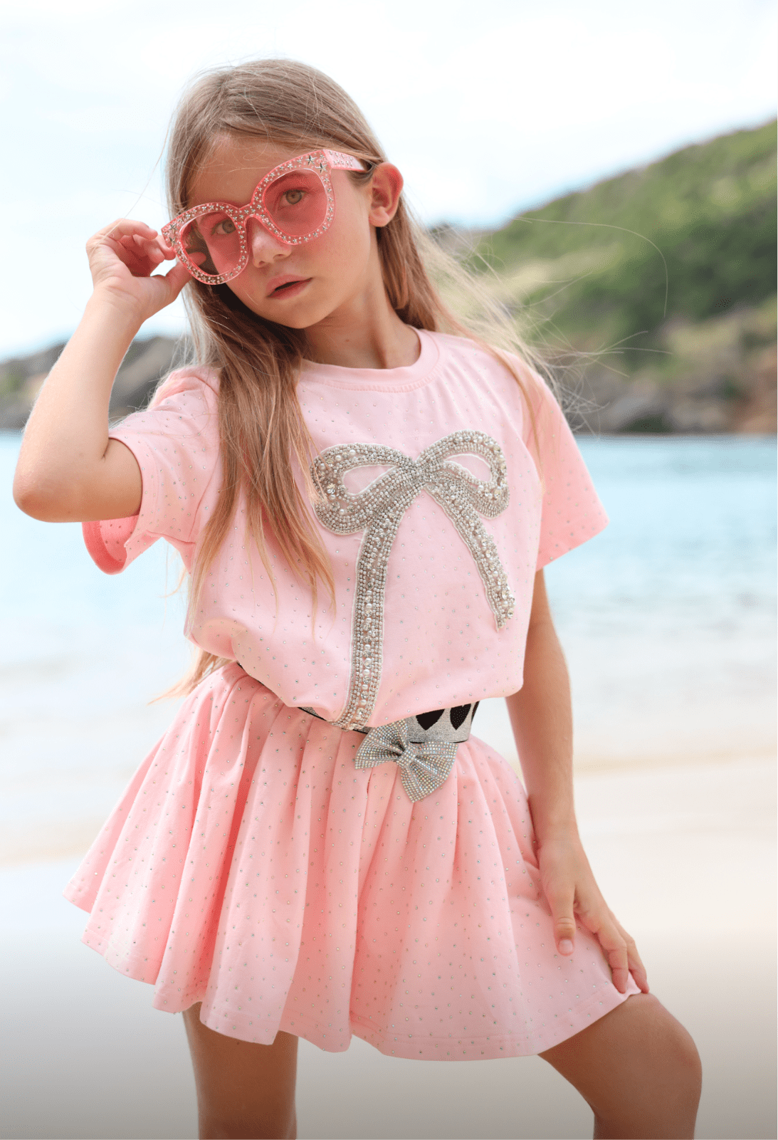 Model Wearing Lola And The Boys Pink Crystal Bow Short Set