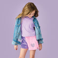 Load image into Gallery viewer, Girl wearing Iscream Vivid Violet & Rose Heart Color Block Plush Shorts
