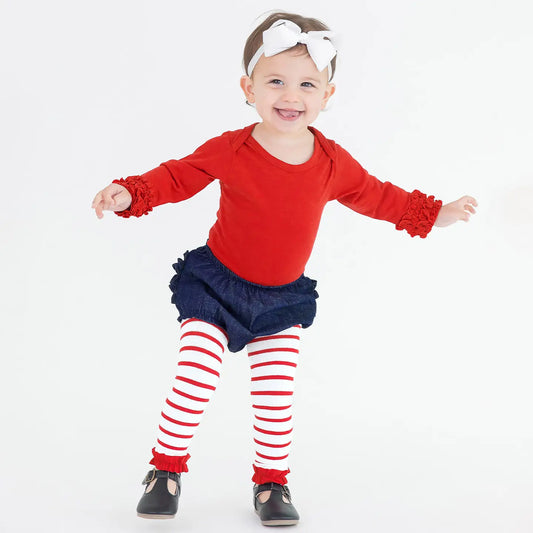 Girls wearing Rufflebutts + Ruggedbutts Girls Red & White Stripe Patterned Footless Ruffle Tights