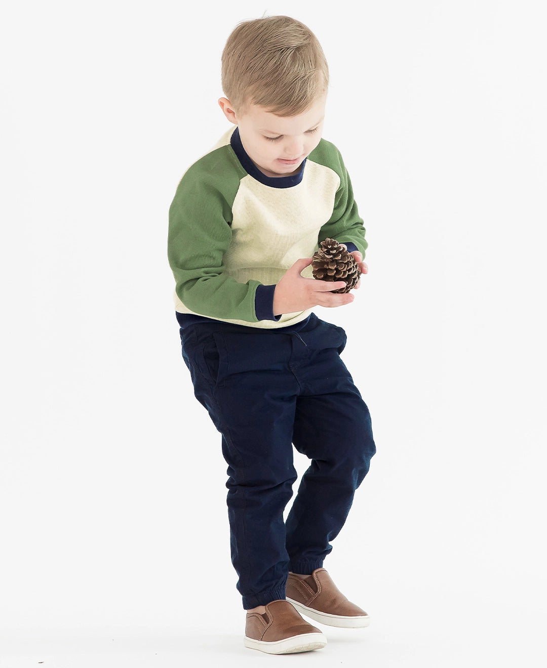 Boy wearing Rufflebutts + Ruggedbutts Boys Navy Chino Jogger Pant