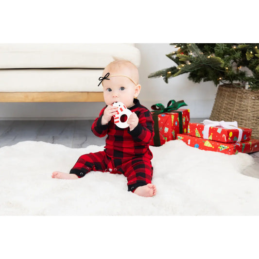 Model using Pearhead Silicone Christmas Teether, Holiday Snowman, Bpa Free