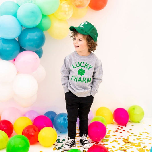 Model wearing Lucky Charm Shamrock St. Patrick's Day Sweatshirt - Gray