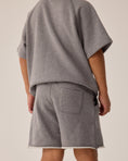 Load image into Gallery viewer, Model Wearing Rylee & Cru Short Sleeve Sweatshirt || Heathered Grey
