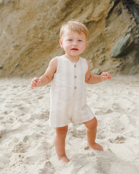 Model Wearing Rylee & Cru Maverick Romper || Summer Stripe