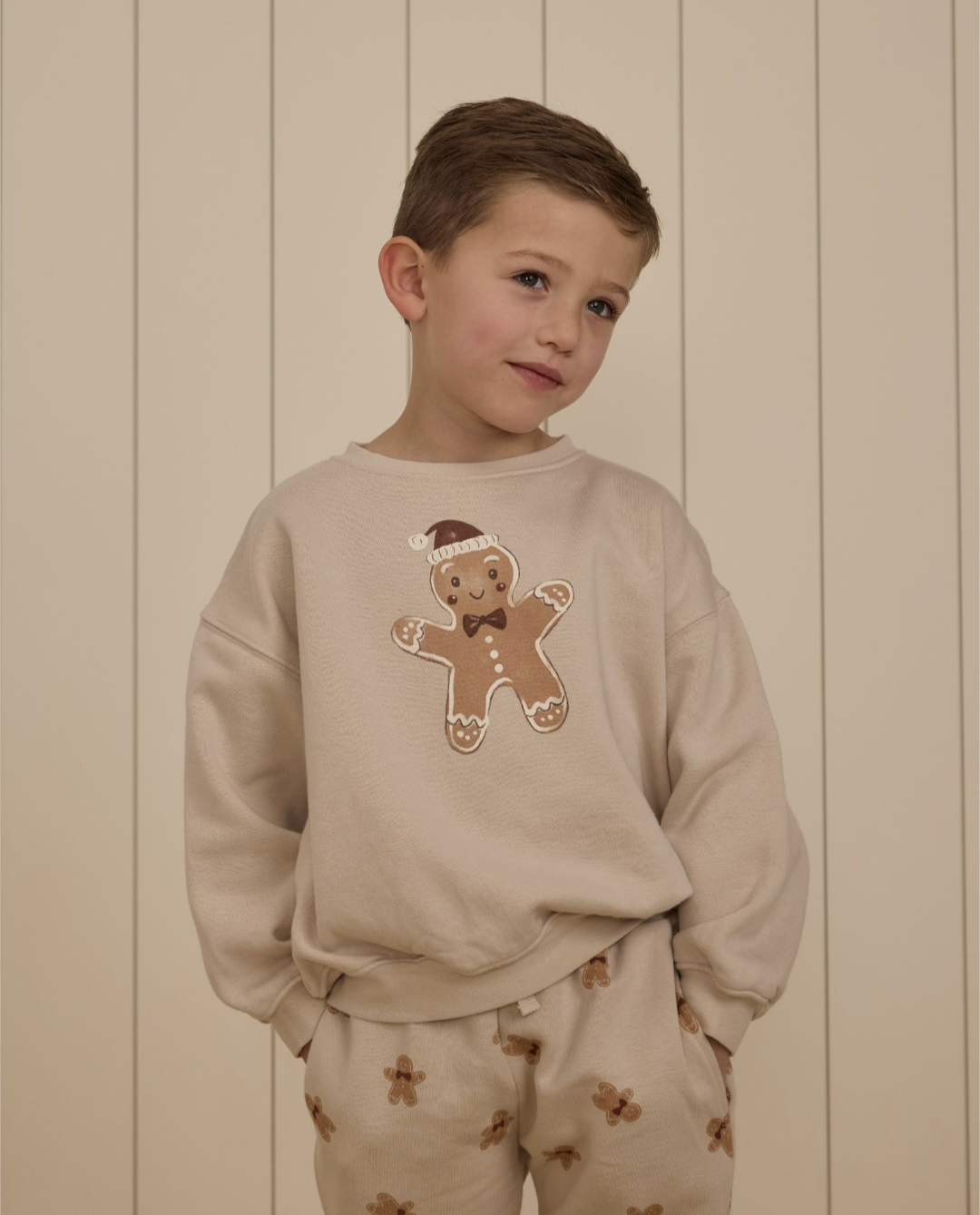 Young boy wearing Rylee + Cru long sleeve tee gingerbread 