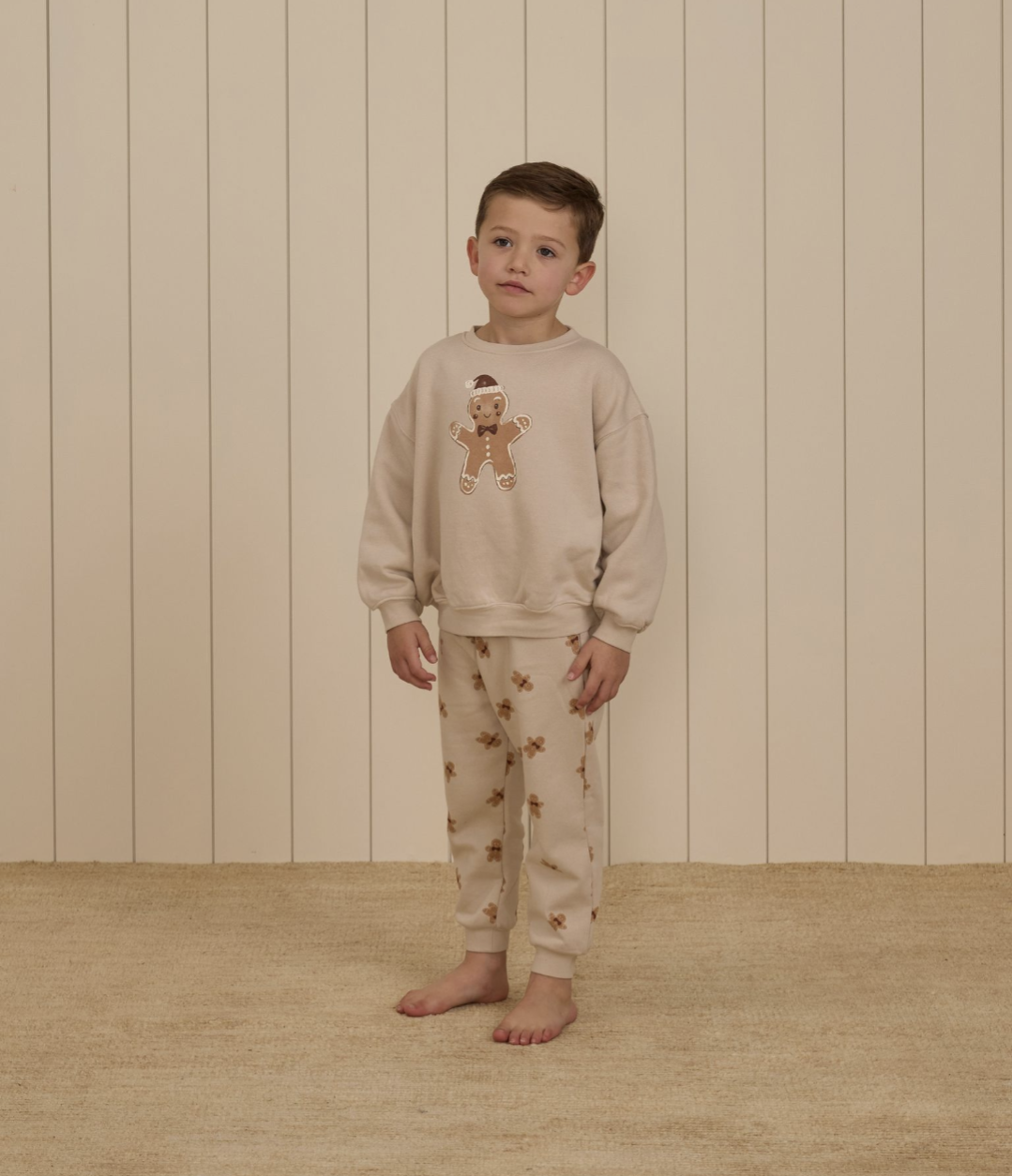 Young boy wearing Rylee + Cru Jogger Sweatpant Gingerbread 