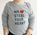 Load image into Gallery viewer, Model Wearing Sweet Wink Mr. Steal Your Heart Valentine's Day Long Sleeve Bodysuit-Gray
