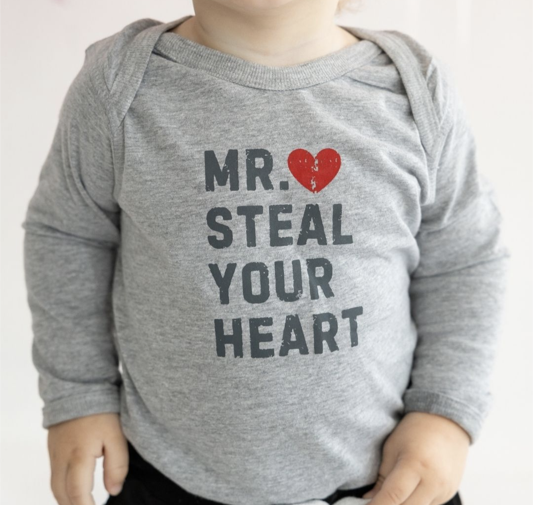 Model Wearing Sweet Wink Mr. Steal Your Heart Valentine's Day Long Sleeve Bodysuit-Gray