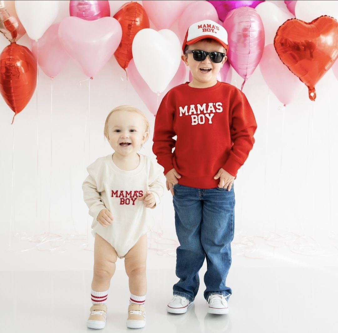 Model Wearing Sweet Wink Mama's Boy Valentine's Day Sweatshirt 