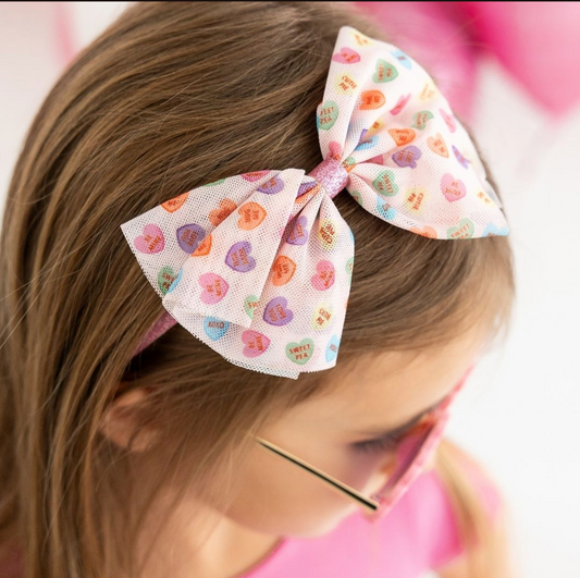 Model Wearing Sweet Wink Candy Hearts Valentine's Day  Tulle Bow Headband