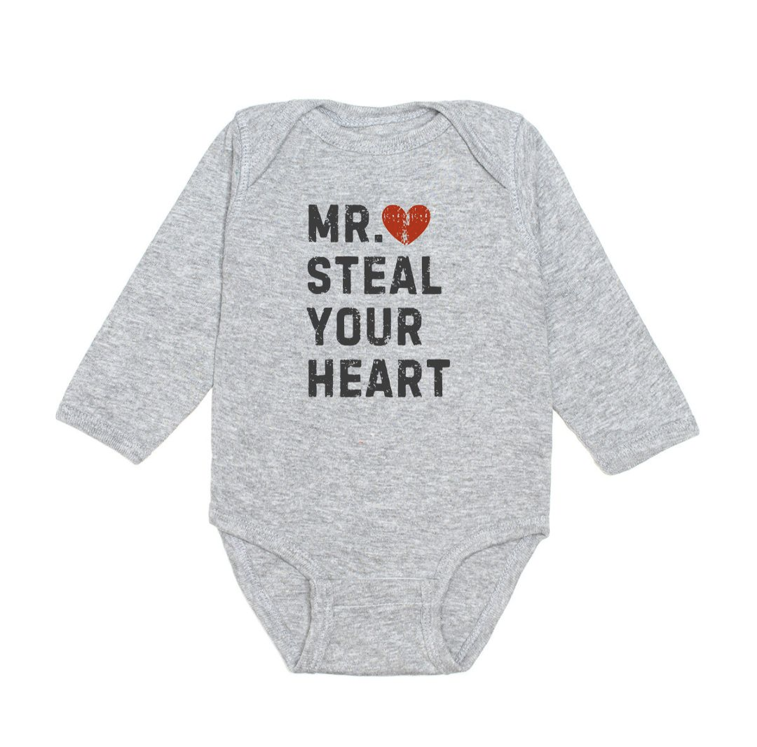 Sweet Wink Mr. Steal Your Heart Valentine's Day Long Sleeve Bodysuit-Gray