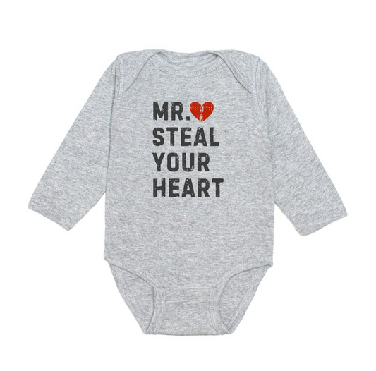 Sweet Wink Mr. Steal Your Heart Valentine's Day Long Sleeve Bodysuit-Gray