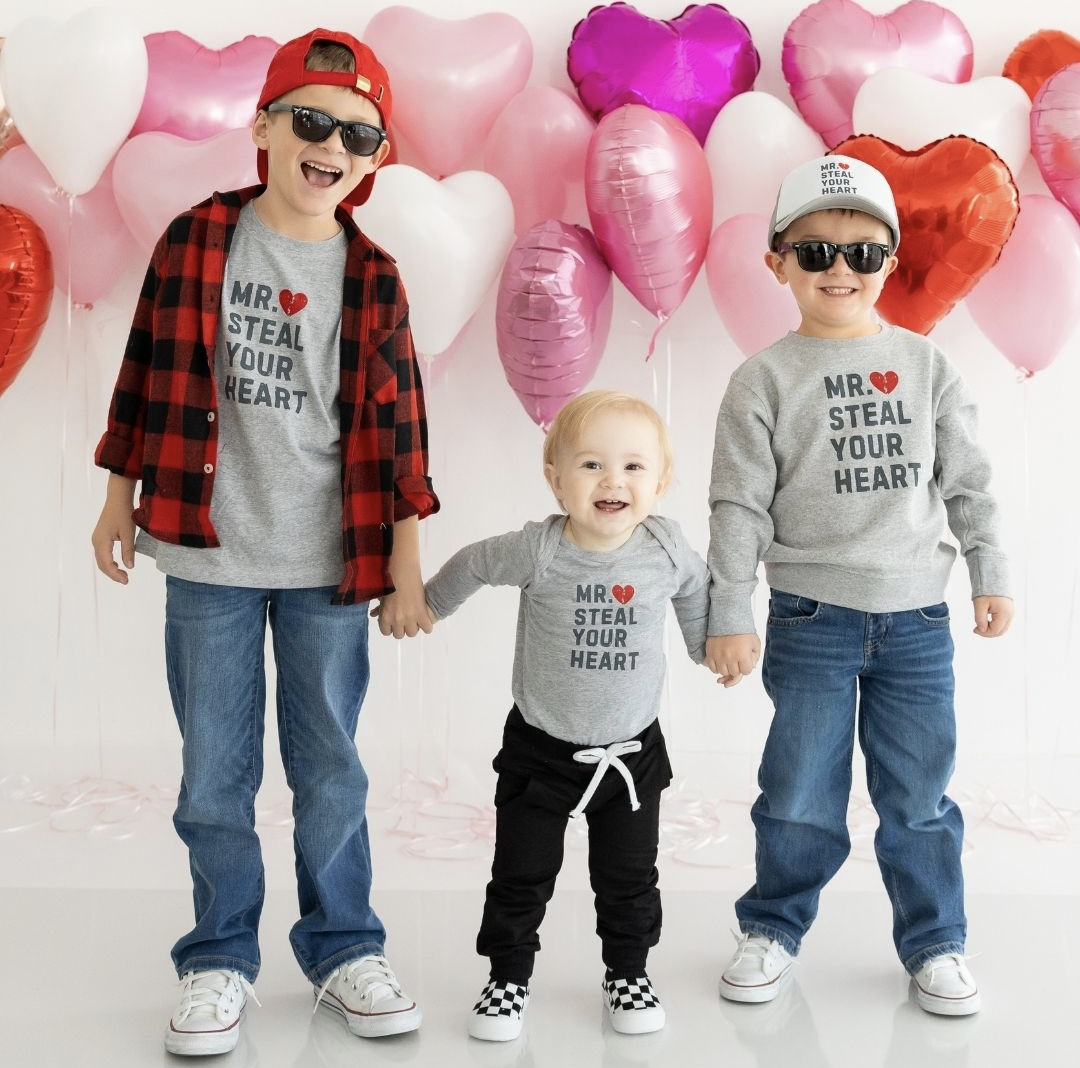 Model Wearing Sweet Wink Mr. Steal Your Heart Valentine's Day Long Sleeve Bodysuit-Gray