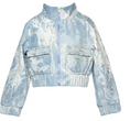 Load image into Gallery viewer, Metallic Printed Denim Bomber Jacket with Sequin Star Back
