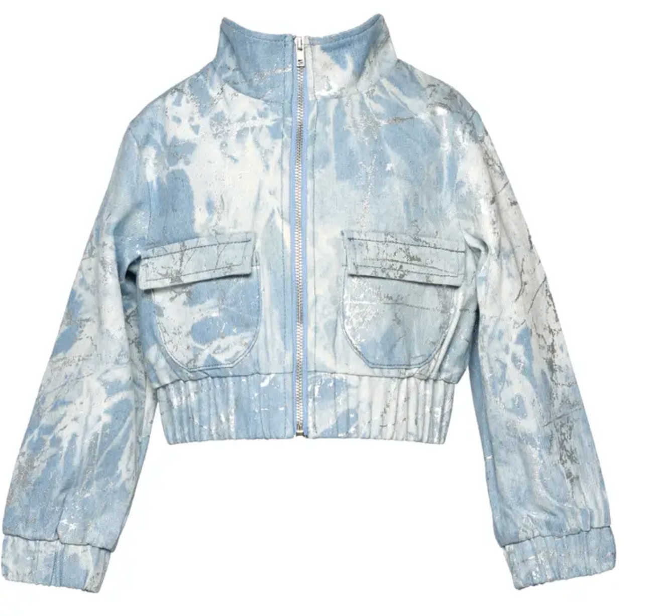 Metallic Printed Denim Bomber Jacket with Sequin Star Back