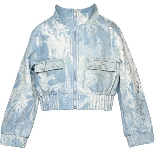 Metallic Printed Denim Bomber Jacket with Sequin Star Back