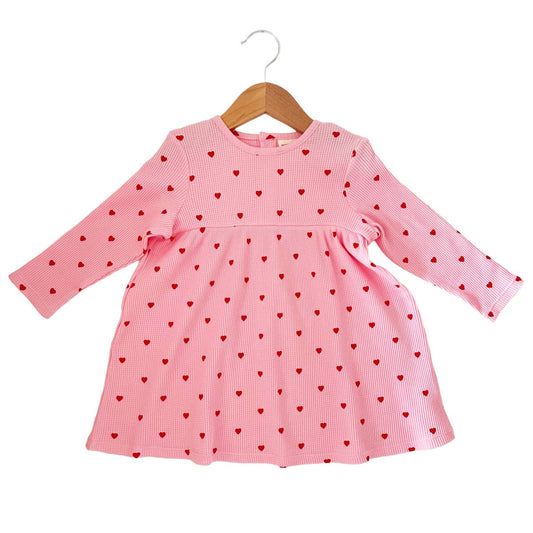 SpearmintLOVE Organic Waffle Simple Dress, Little Red Heart (On Pink)