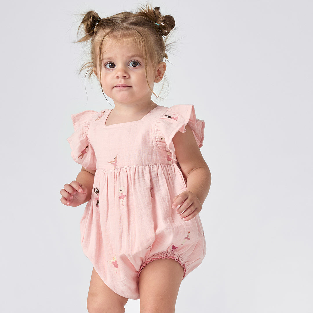 Model Wearing Pink Chicken Baby Girl Elsie Bubble - Ballerina Embroidery 