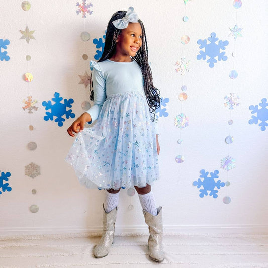 Model Wearing Sweet Wink Snow Princess Iridescent Long Sleeve Tutu Dress- Kids Winter