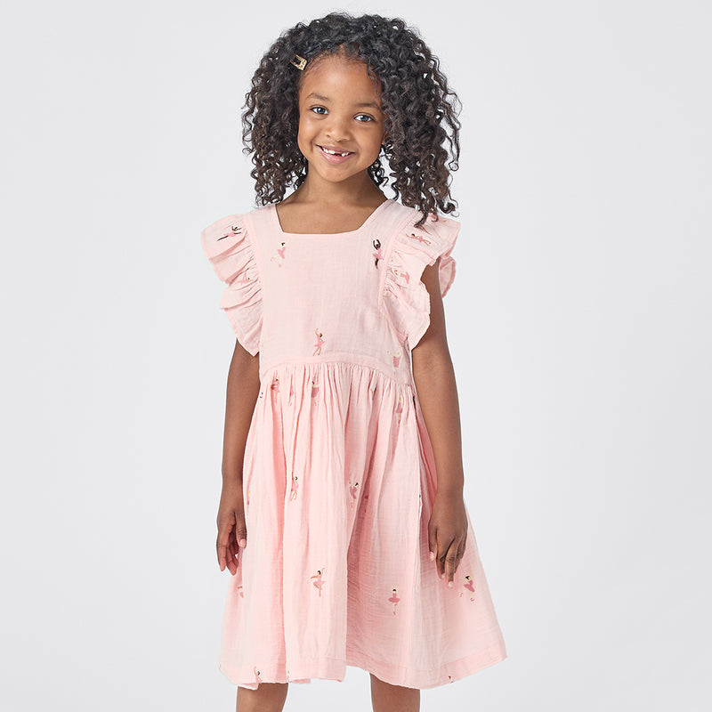 Model Wearing Pink Chicken Girls Elsie Dress - Ballerina Embroidery