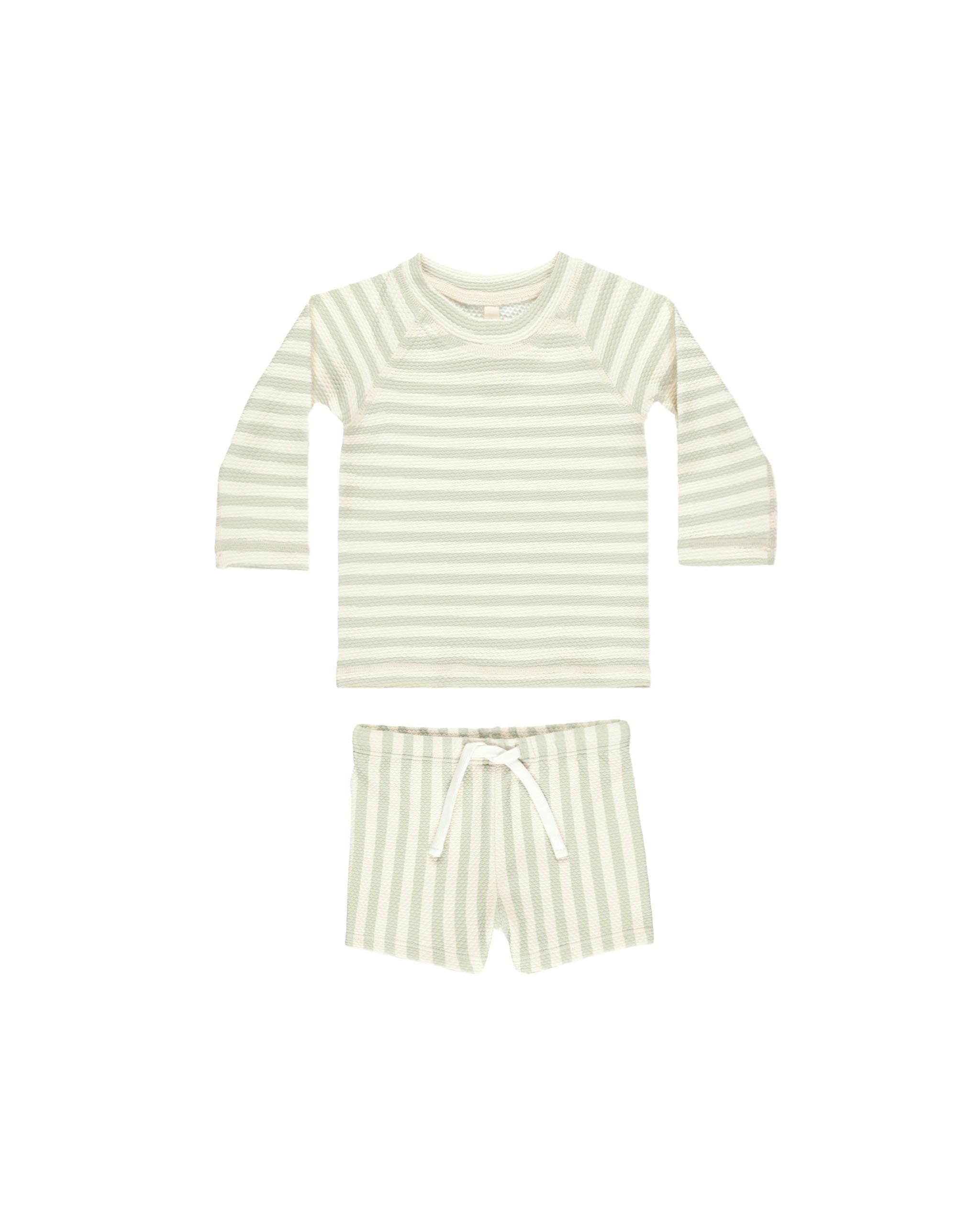 Quincy Mae Finn Rashguard +Short Set  || Mint Stripe