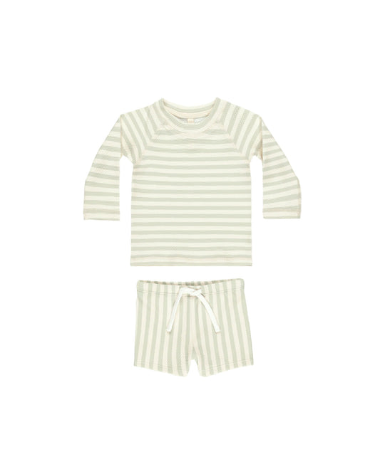 Quincy Mae Finn Rashguard +Short Set  || Mint Stripe