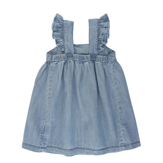 Rufflebutts & Ruggedbutts Girls Light Wash Denim Flutter Bow Woven Dress Back