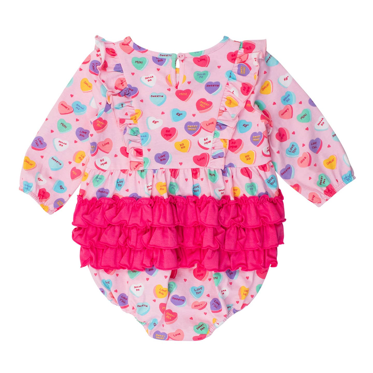 Rufflebutts + Ruggedbutts Baby Girls Be My Valentine Knit Long Sleeve Waterfall Bubble Romper Back