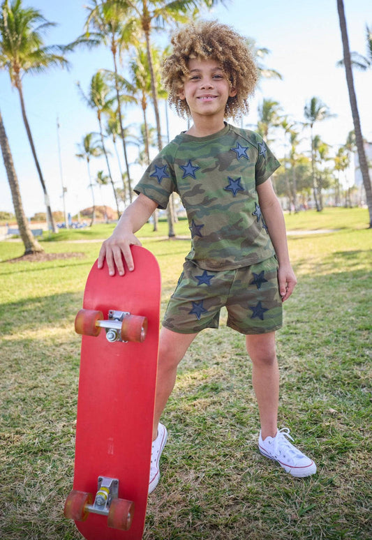 Model Wearing Lola and The Boys Camo Rocker Short Set