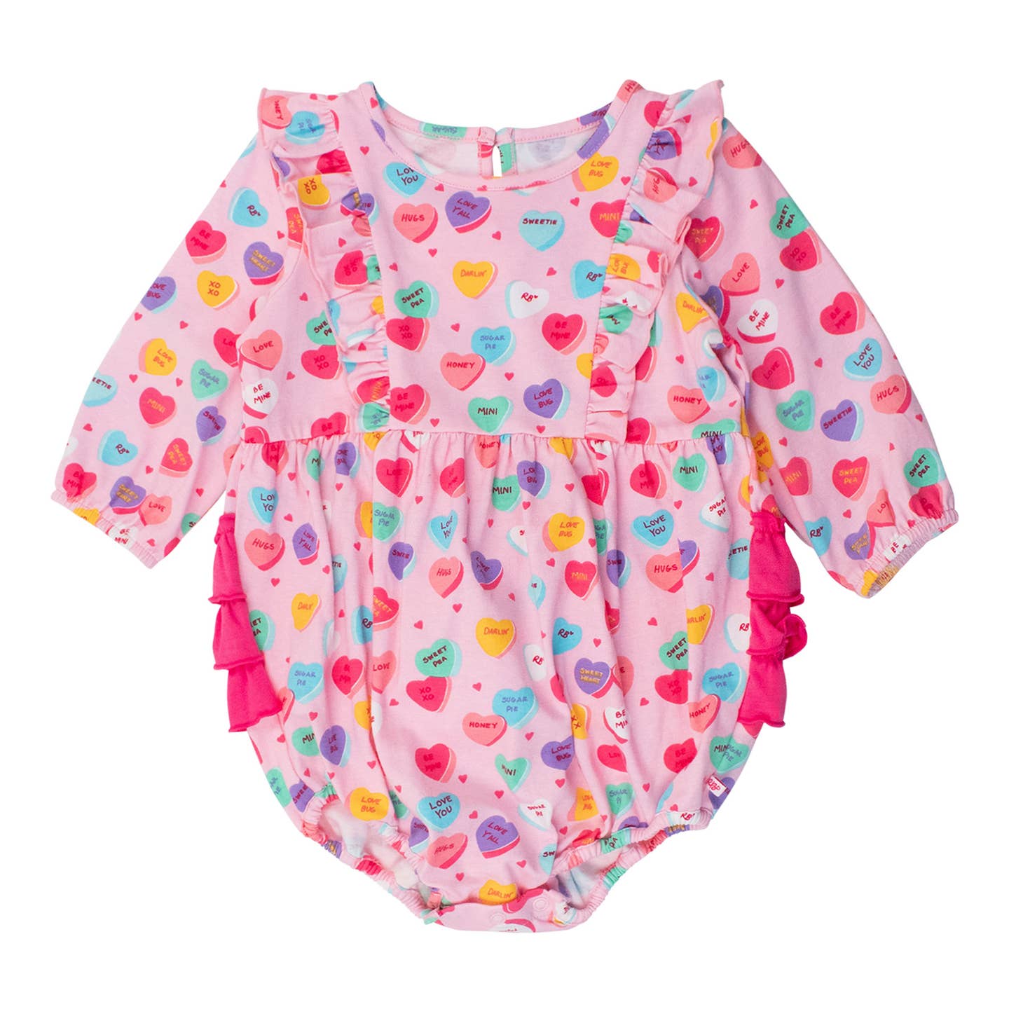 Rufflebutts + Ruggedbutts Baby Girls Be My Valentine Knit Long Sleeve Waterfall Bubble Romper Front