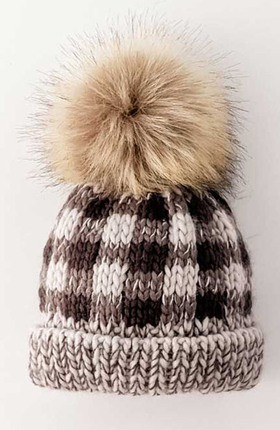 Grey Buffalo Check Pom Pom Beanie Hat