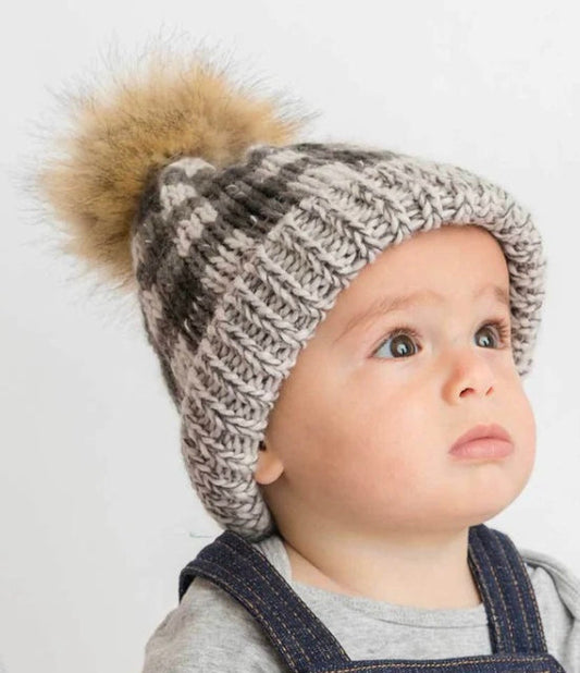 Grey Buffalo Check Pom Pom Beanie Hat